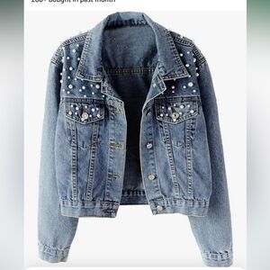 Oversized Embellished Pearl Denim Jacket